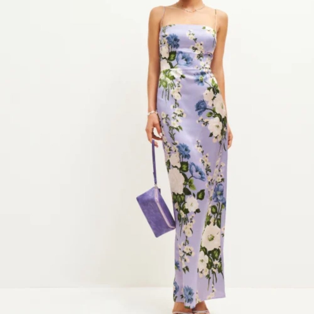 Reformation Frankie Silk Dress in Garden Soiree Purple White Floral Maxi - Picture 3 of 7